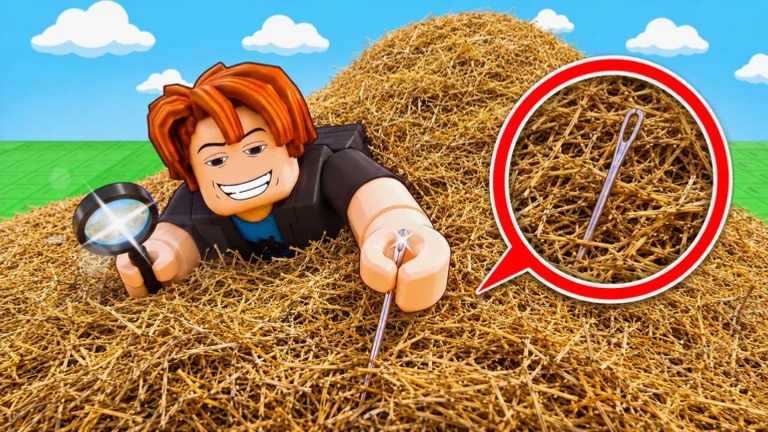The Needle lying in the hay — silver, straight, and roughly the same scale as a piece of straw
